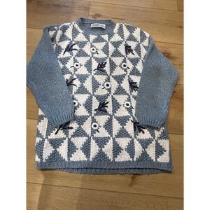 Eagles Eye Vintage Blue Cream Geometric Floral Embroidered Knit Sweater Medium